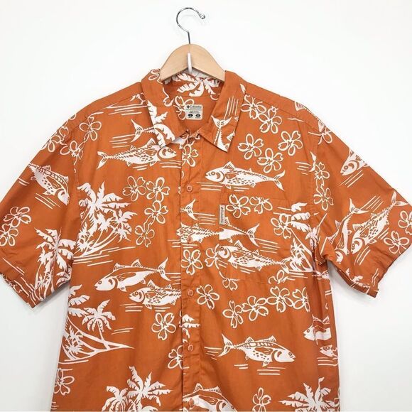 Columbia Orange Tropical Fish Cotton Button Down Short Sleeve Shirt - Picture 2 of 16
